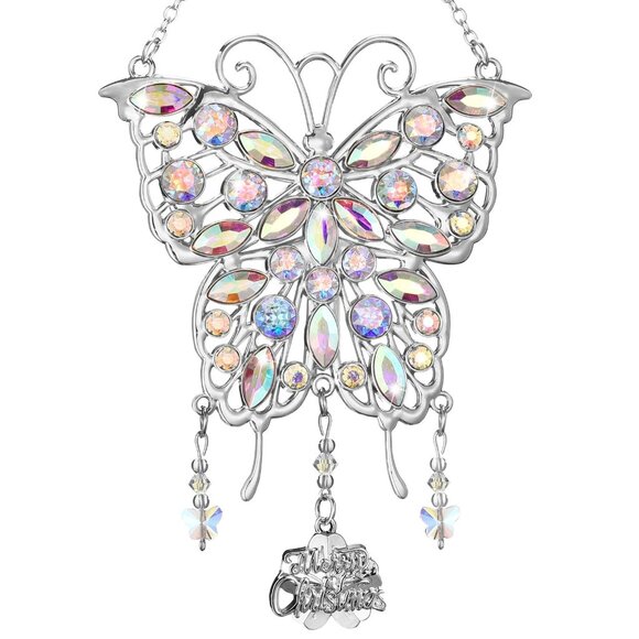 Chistmas Rhinestone Silver Butterfly Window Decor Wind Chime Keepsake Ornament - Picture 2 of 7